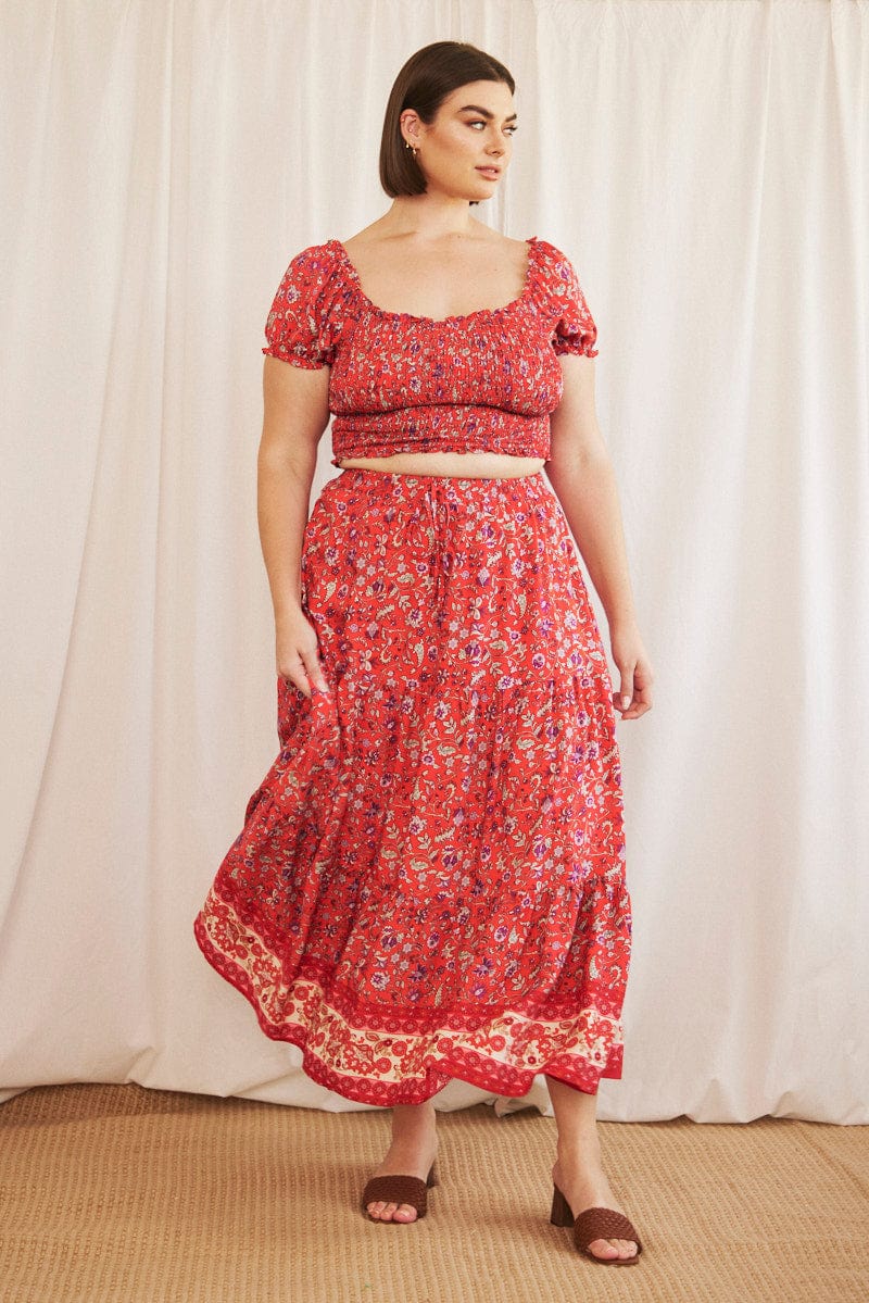 Red Boho Crop Top Short Sleeve Shirred - Image 2