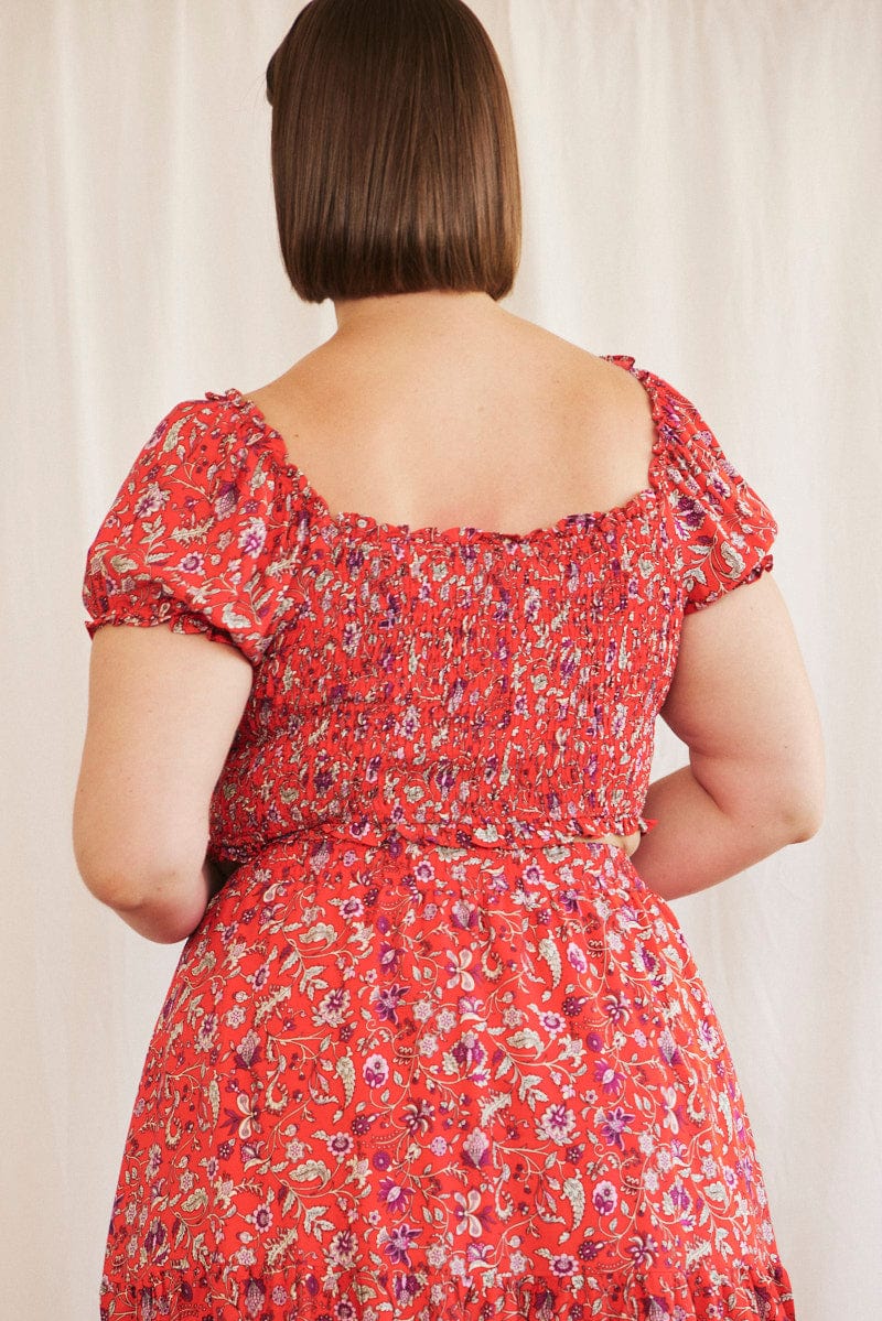 Red Boho Crop Top Short Sleeve Shirred - Image 5