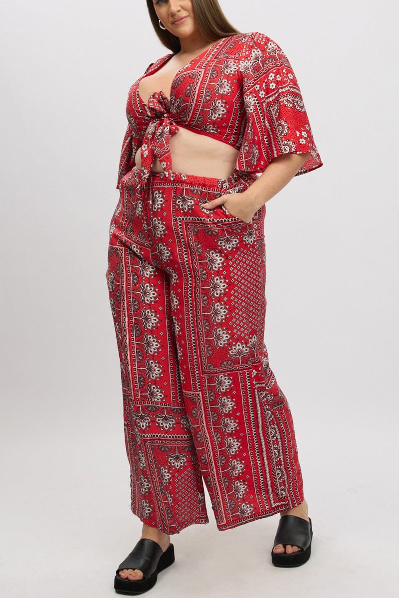 Red Boho Elastic Waist Wide Leg Pants - Image 3