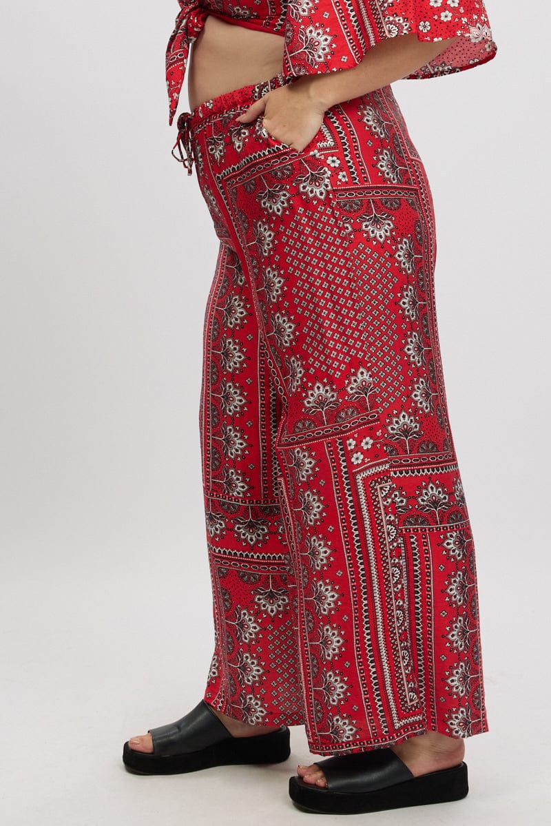 Red Boho Elastic Waist Wide Leg Pants - Image 4