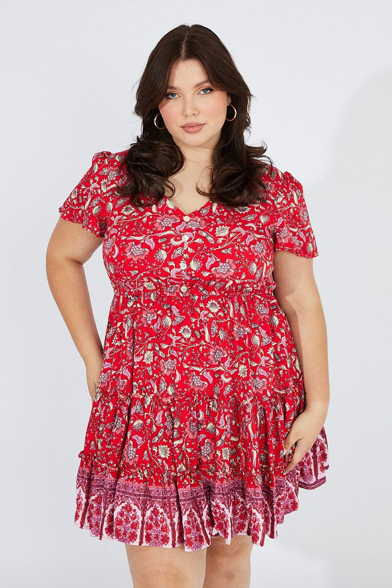 Red Boho Fit And Flare Dress V-neck Mini Dress - Image 2
