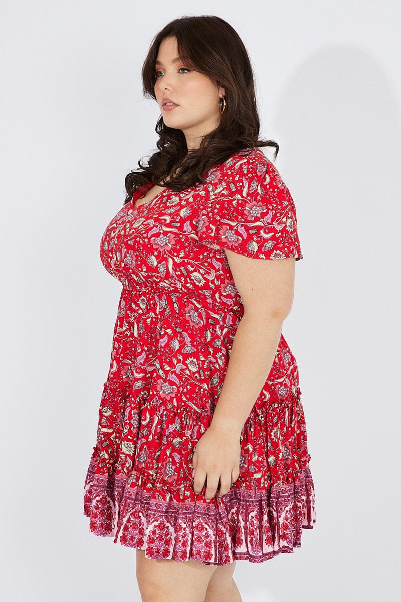 Red Boho Fit And Flare Dress V-neck Mini Dress - Image 3