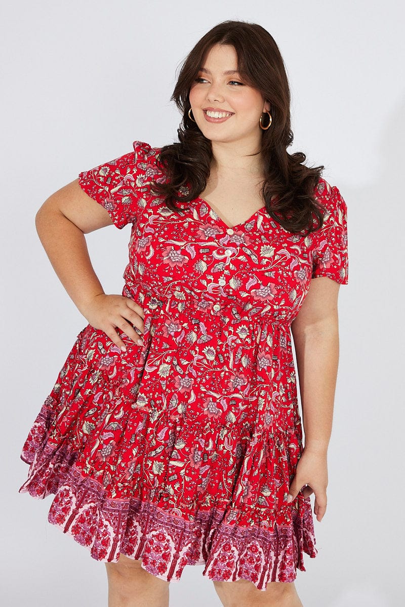 Red Boho Fit And Flare Dress V-neck Mini Dress - Image 4