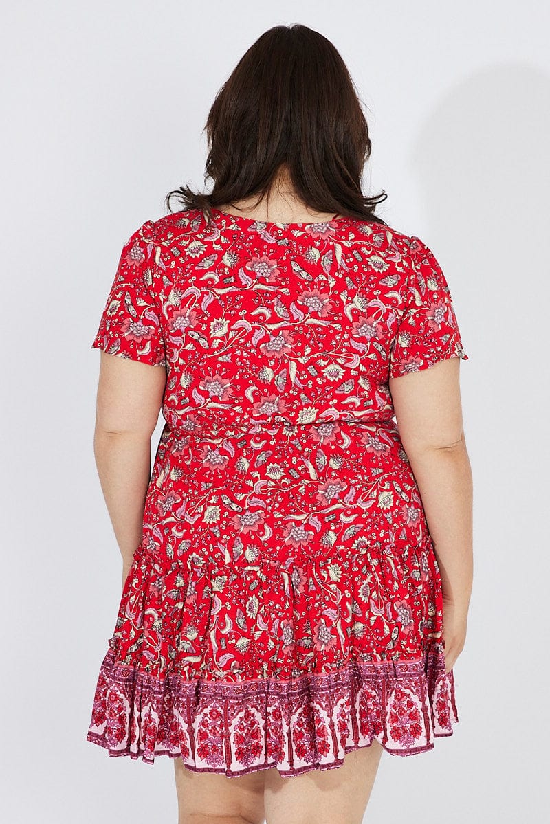 Red Boho Fit And Flare Dress V-neck Mini Dress - Image 5