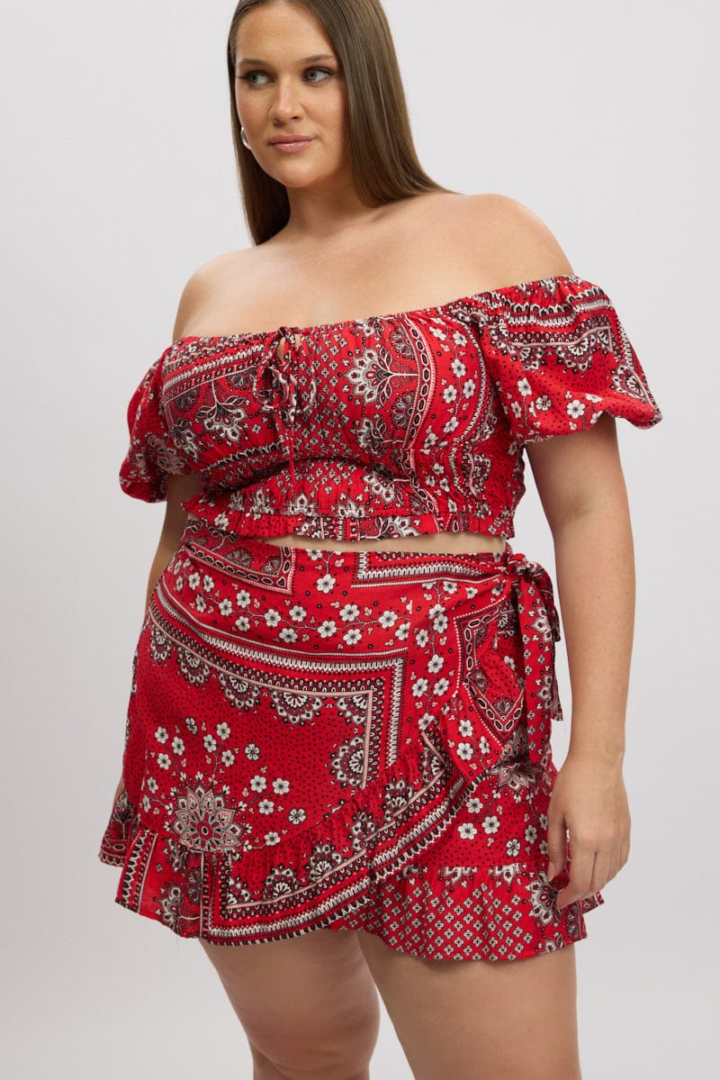 Red Boho Frill Wrap Mini Skirt - Image 2
