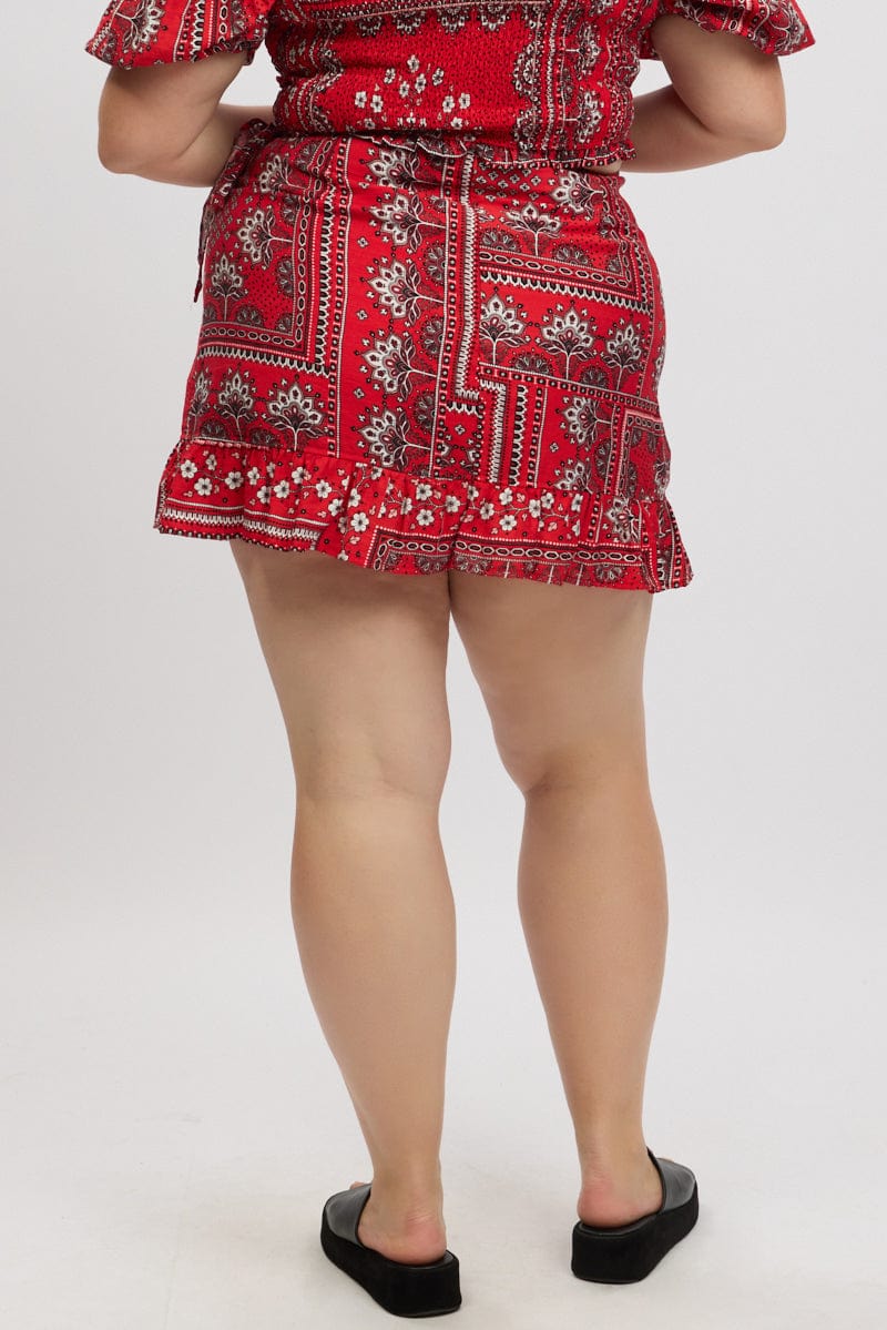 Red Boho Frill Wrap Mini Skirt - Image 5