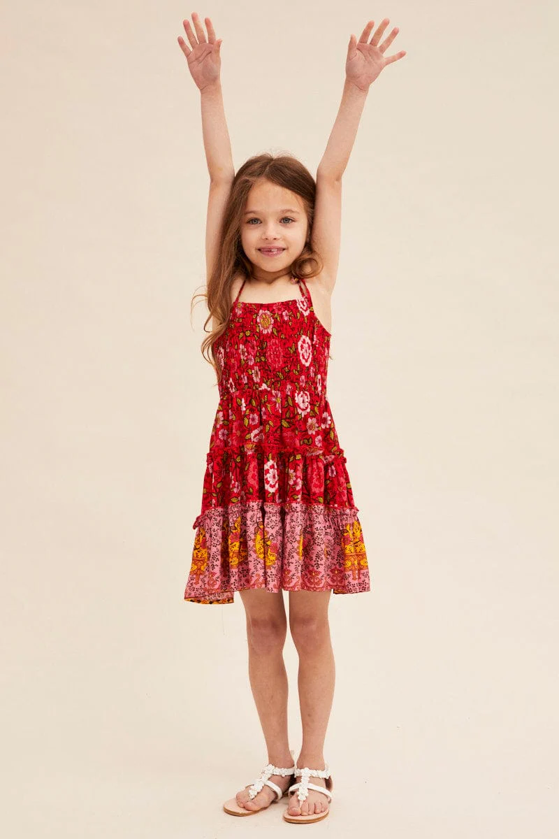 Red Boho Kids Dress Sleeveless - Image 3