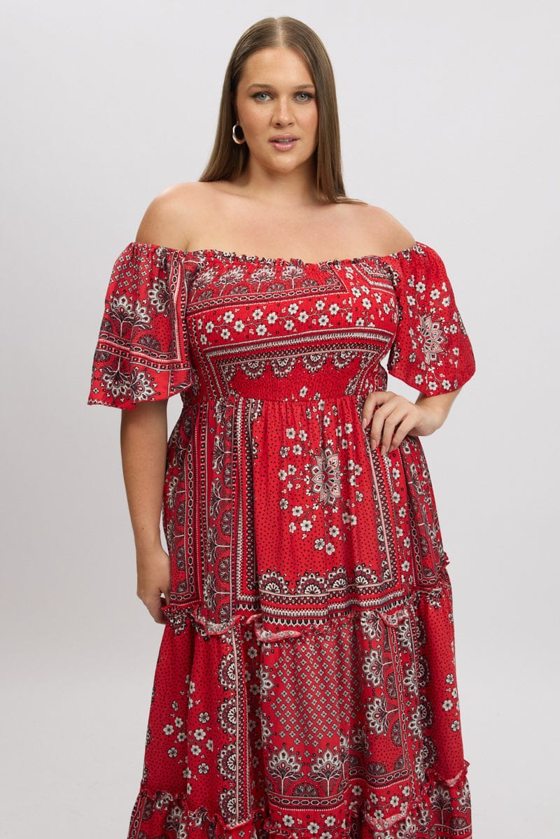 Red Boho Maxi Dress Short Sleeve Tiered - Image 2