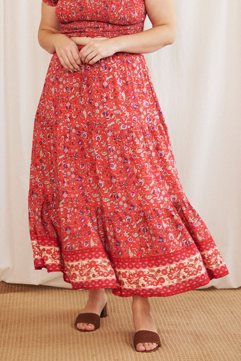 Red Boho Maxi Skirt Tiered - Image 2