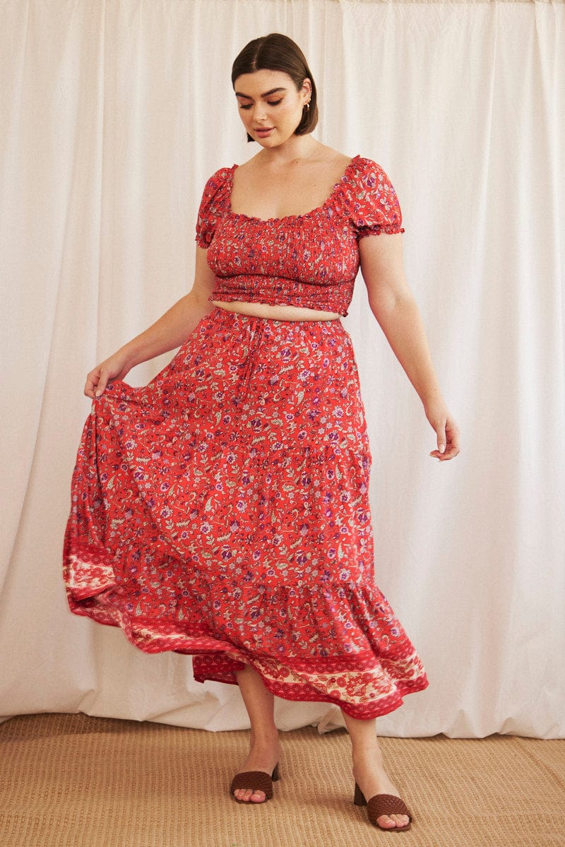 Red Boho Maxi Skirt Tiered - Image 3