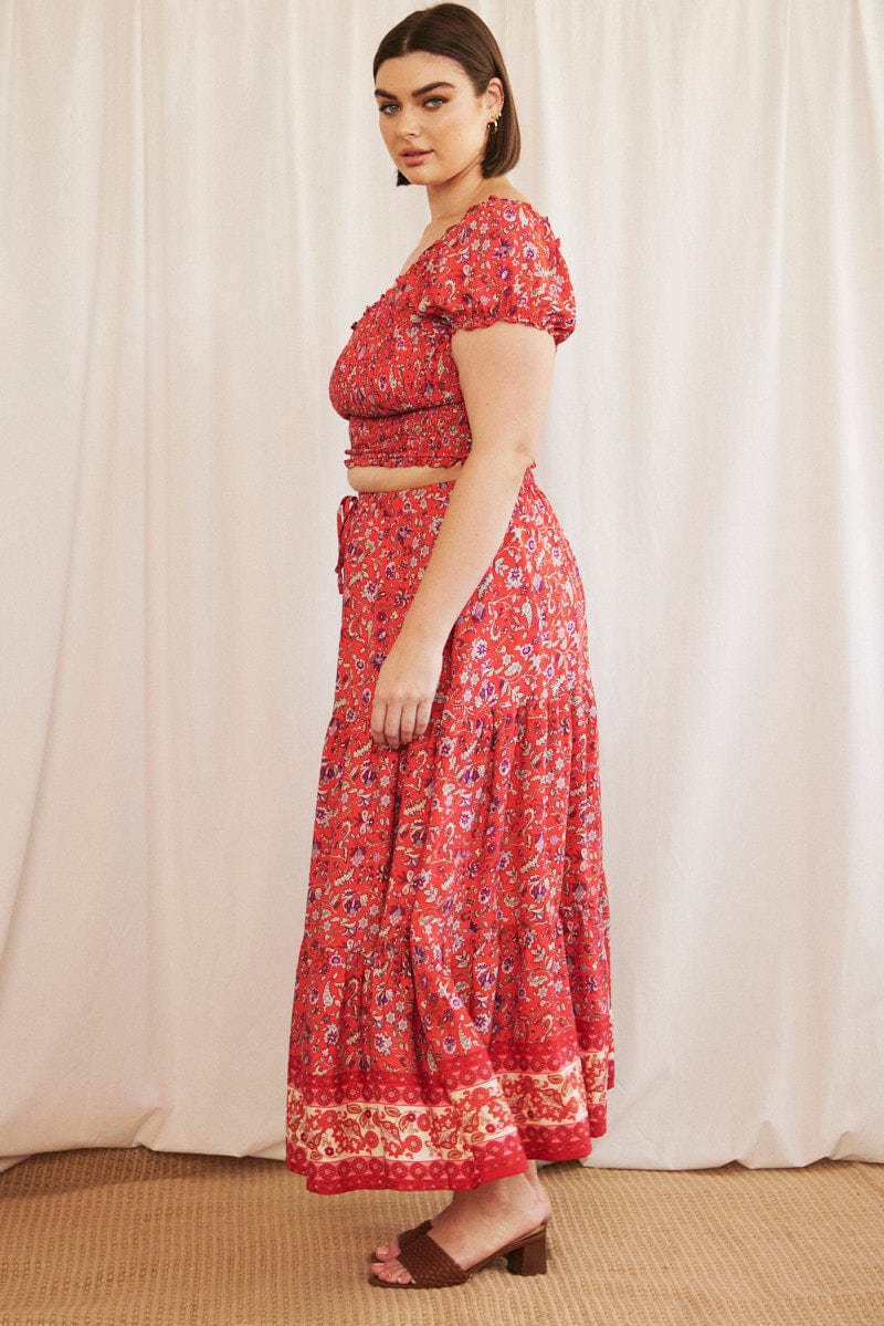 Red Boho Maxi Skirt Tiered - Image 4