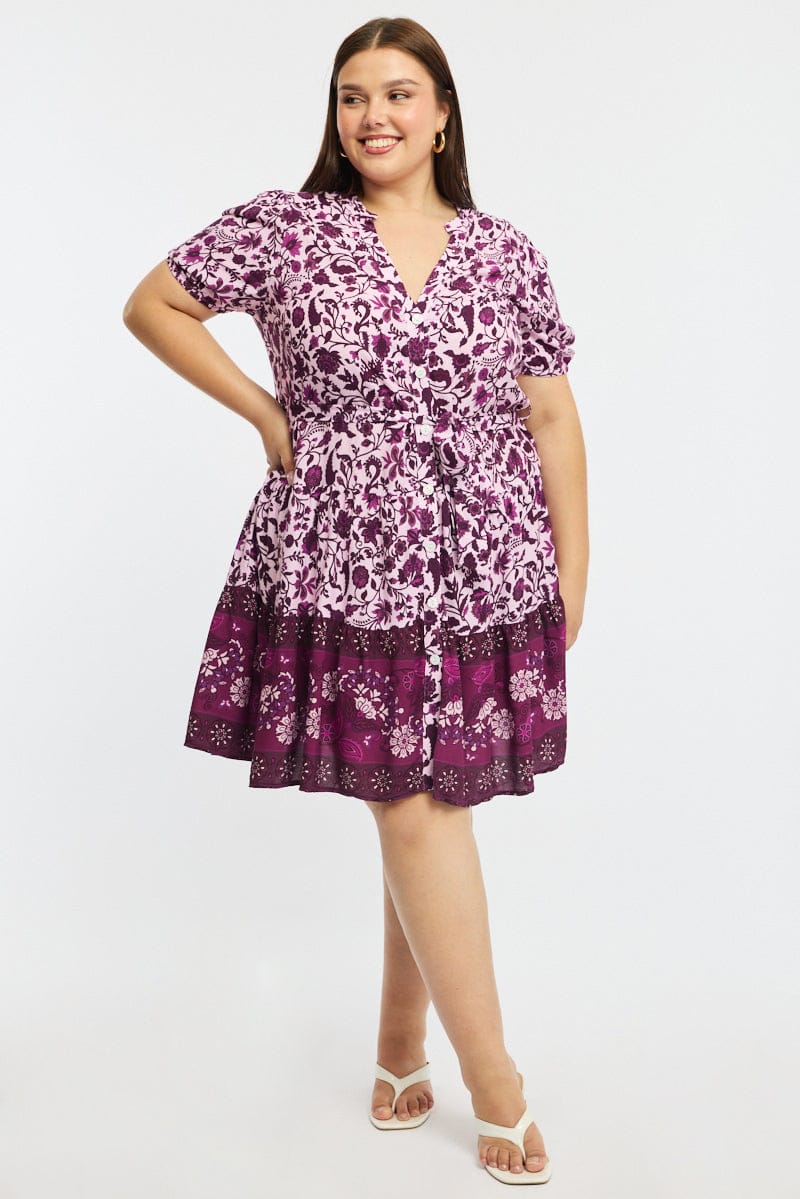Red Boho Skater Dress Short Sleeve Button Front - Image 2