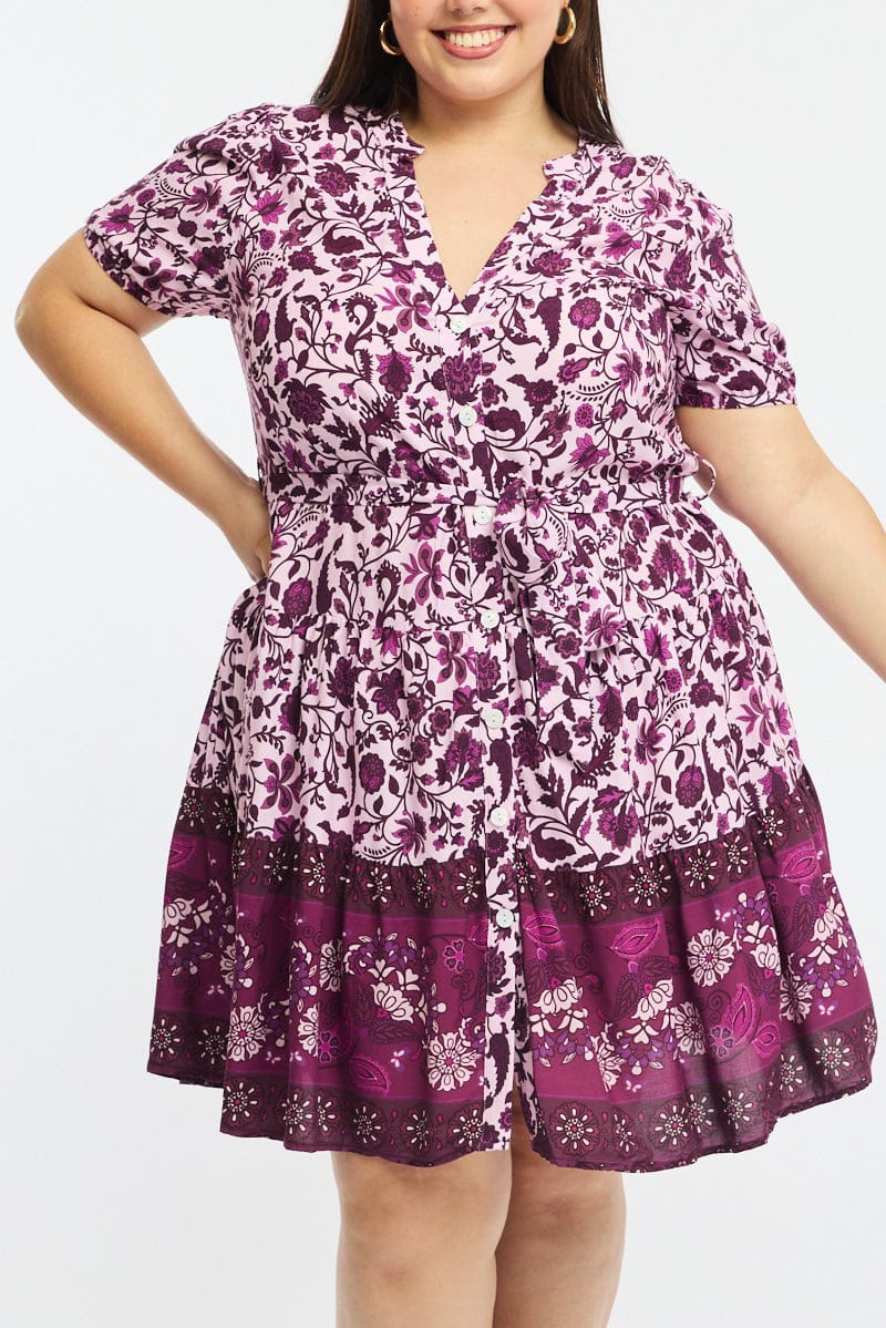 Red Boho Skater Dress Short Sleeve Button Front - Image 5