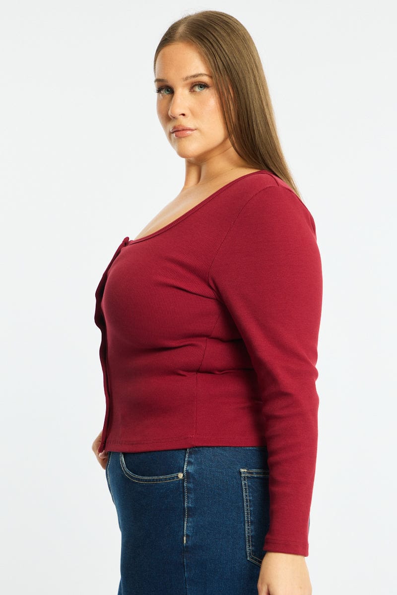 Red Button Front Top Long Sleeve Rib - Image 3