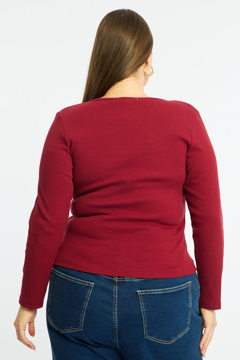 Red Button Front Top Long Sleeve Rib - Image 4
