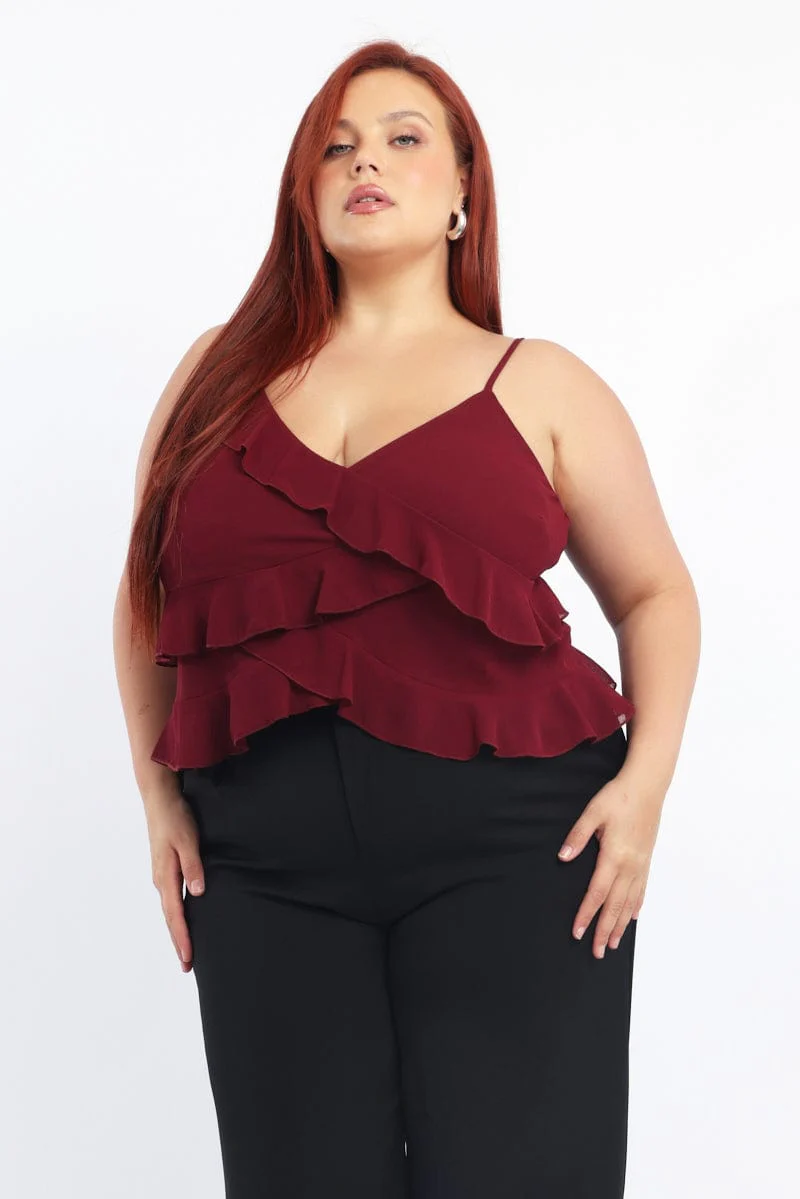 Red Cami Top Sleeveless Frill Detail