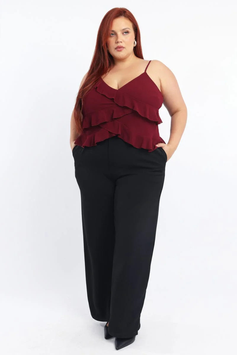 Red Cami Top Sleeveless Frill Detail - Image 2