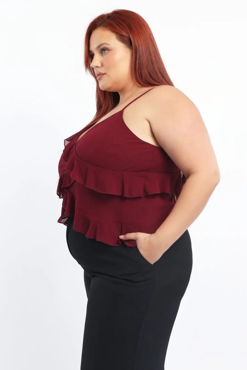 Red Cami Top Sleeveless Frill Detail - Image 3