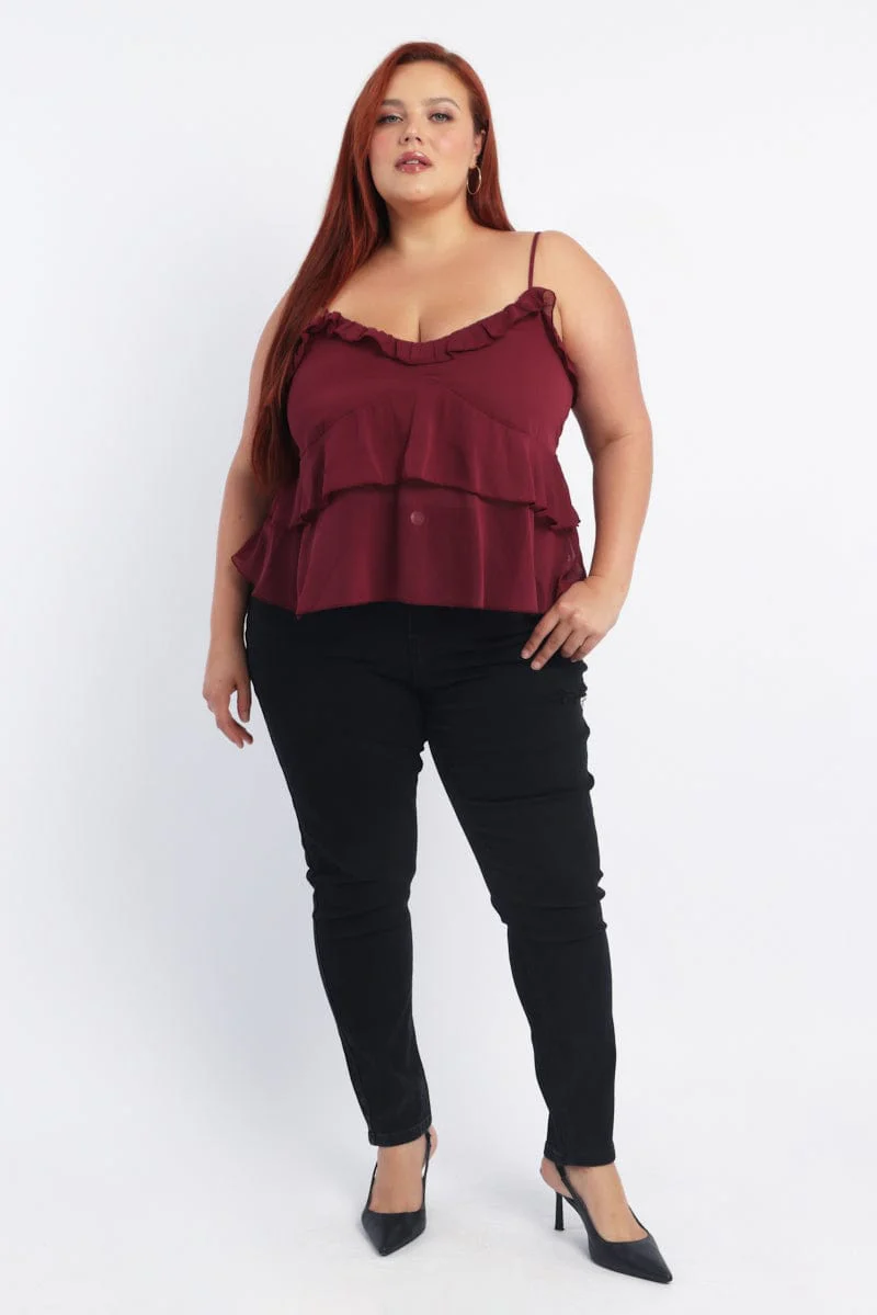 Red Cami Top Sleeveless Ruffle Chiffon - Image 3