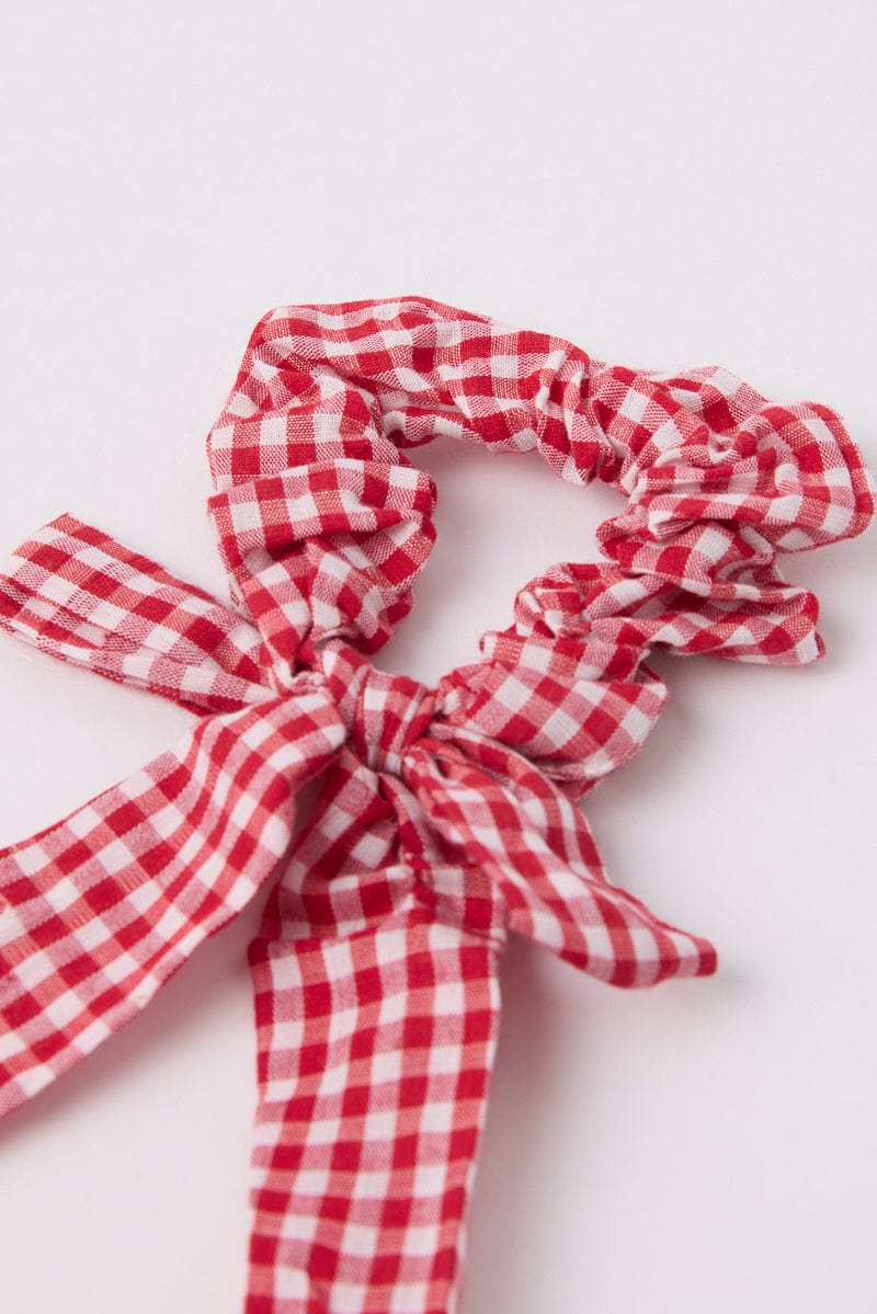 Red Check Gingham Bow Hair Tie Scrunchie - Image 2