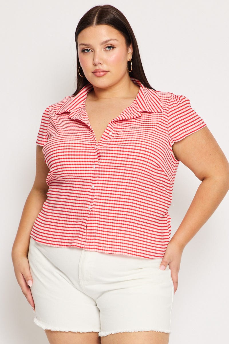 Red Check Jersey Top Short Sleeve Textured