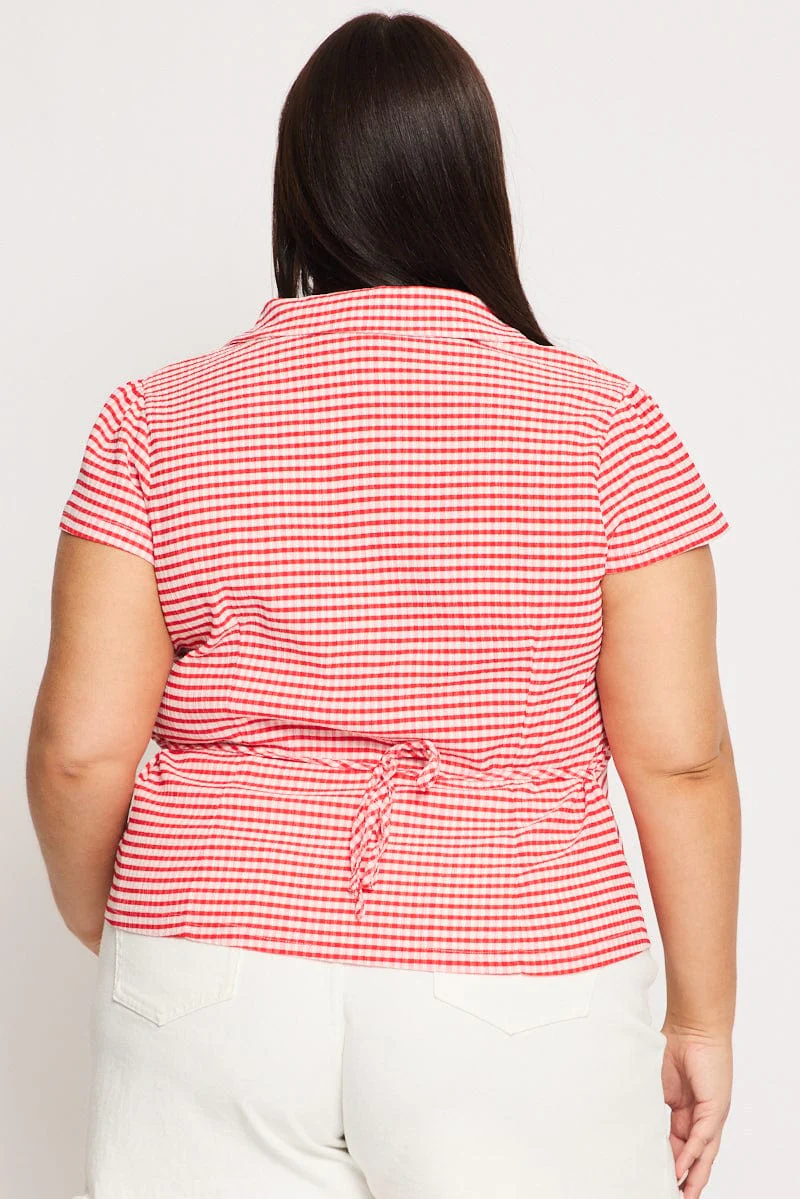 Red Check Jersey Top Short Sleeve Textured - Image 4