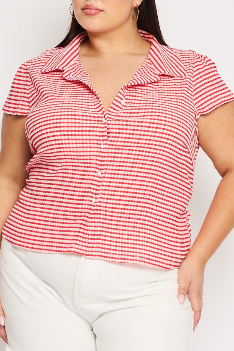 Red Check Jersey Top Short Sleeve Textured - Image 5