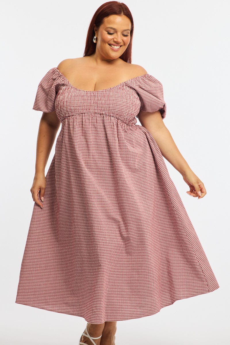 Red Check Midi Dress Short Sleeve Shirred