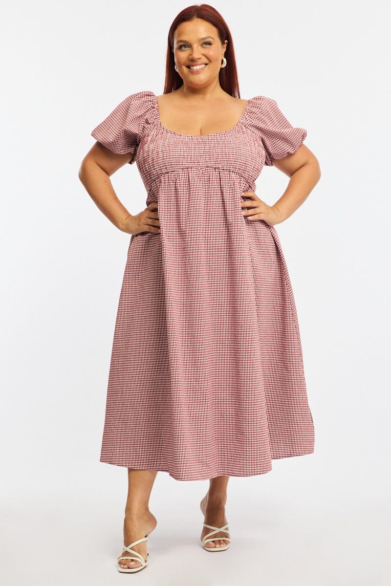 Red Check Midi Dress Short Sleeve Shirred - Image 2