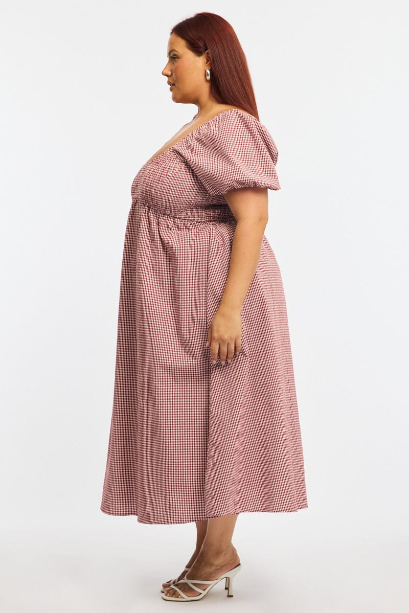 Red Check Midi Dress Short Sleeve Shirred - Image 3