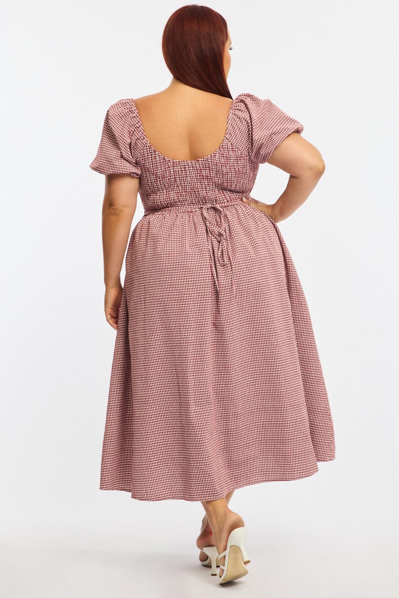 Red Check Midi Dress Short Sleeve Shirred - Image 4