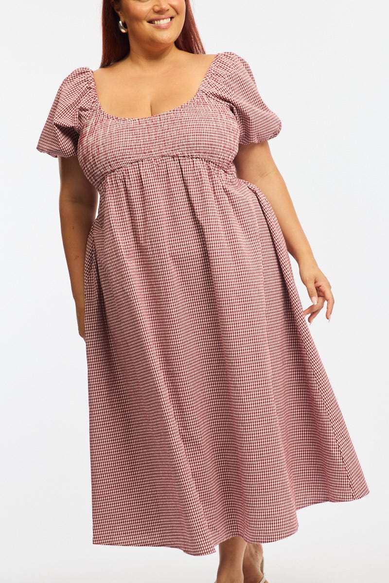 Red Check Midi Dress Short Sleeve Shirred - Image 5