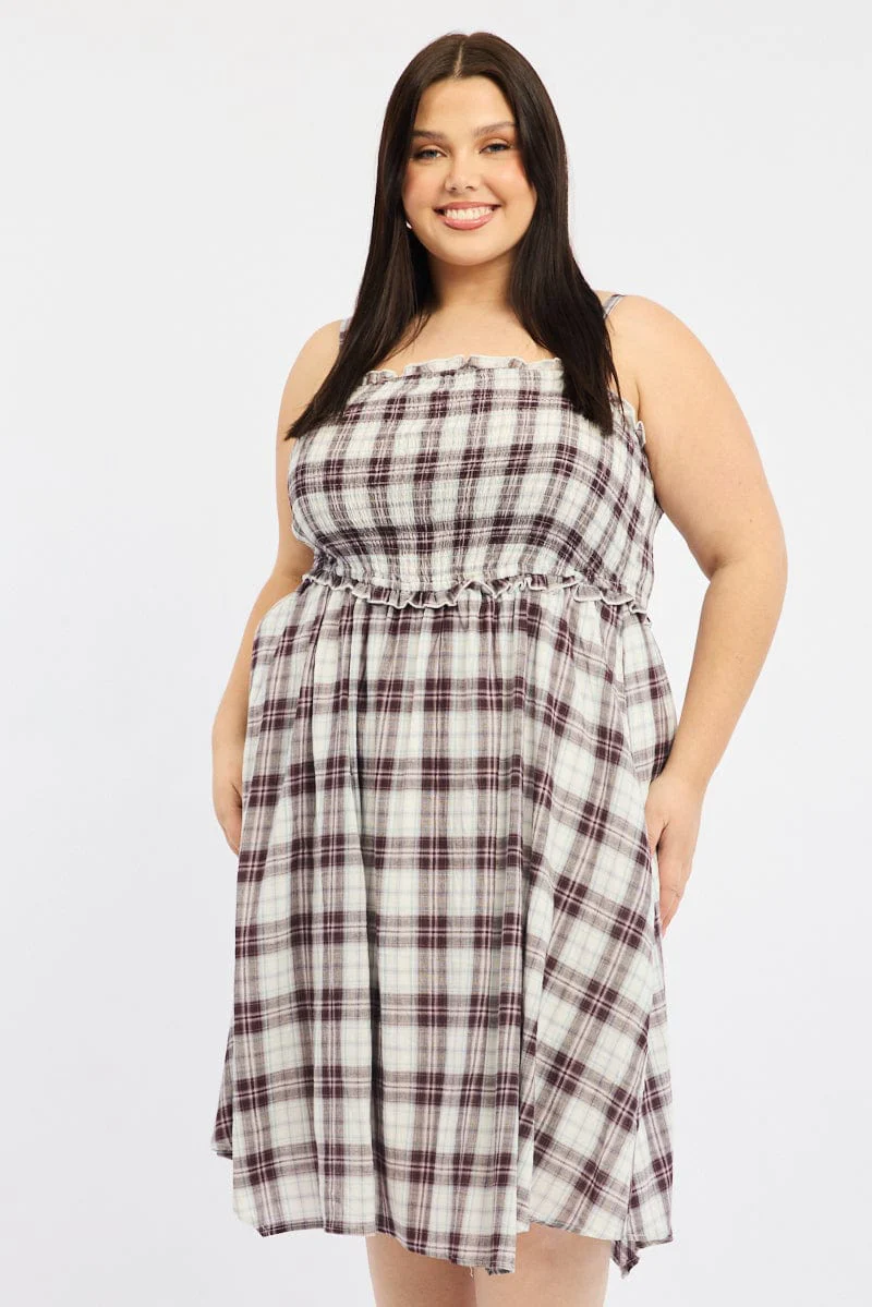 Red Check Midi Dress Sleeveless Shirred
