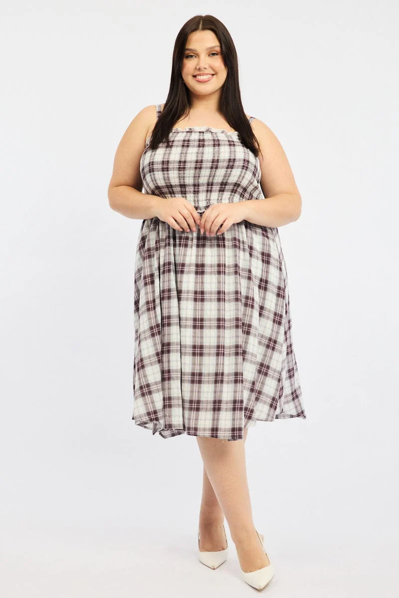 Red Check Midi Dress Sleeveless Shirred - Image 2