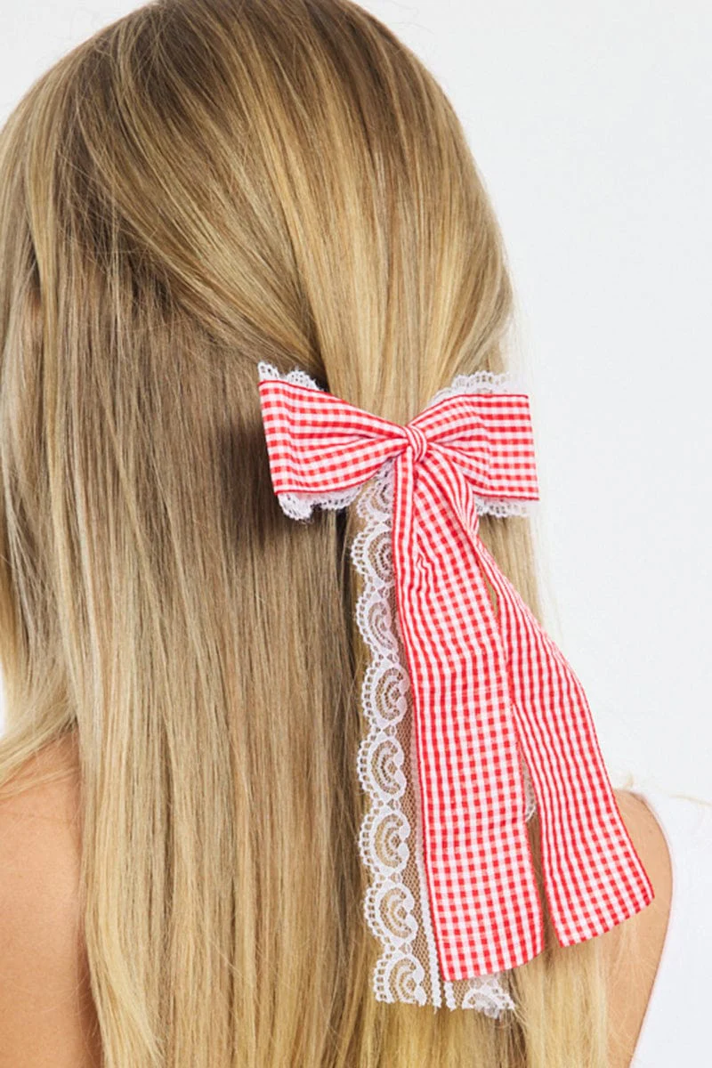 Red Check Print Hair Bow - Image 2