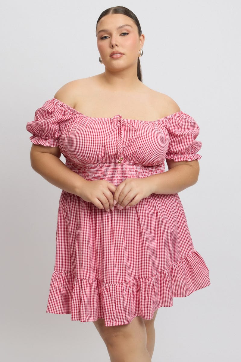 Red Check Tie Front Shirred Waist Frill Minidress