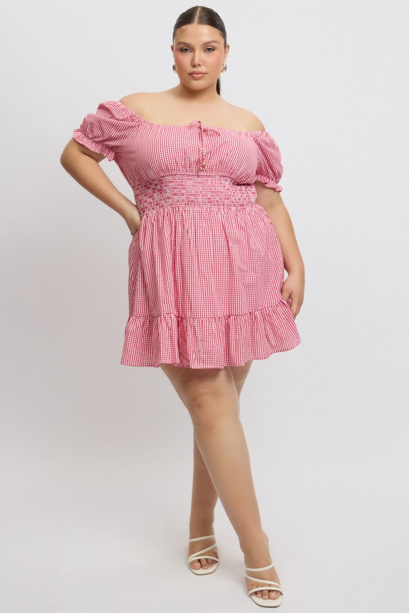 Red Check Tie Front Shirred Waist Frill Minidress - Image 2
