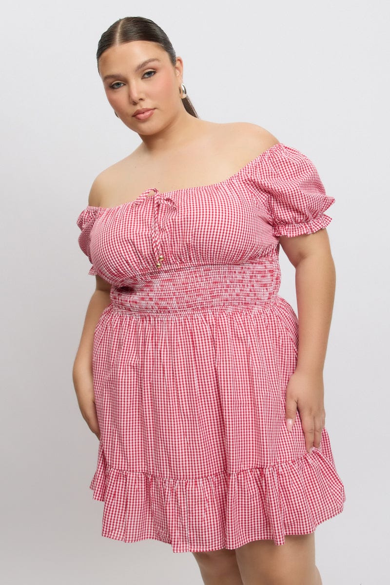 Red Check Tie Front Shirred Waist Frill Minidress - Image 3