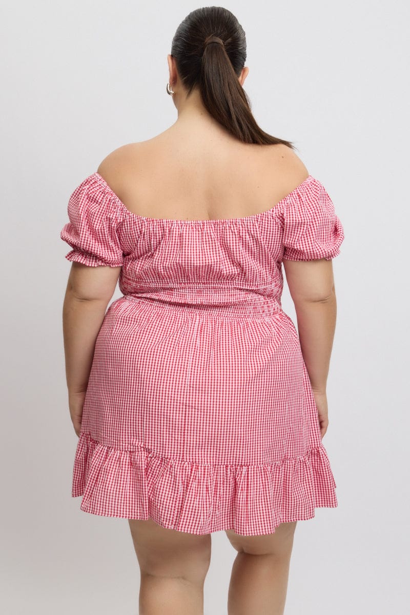 Red Check Tie Front Shirred Waist Frill Minidress - Image 5
