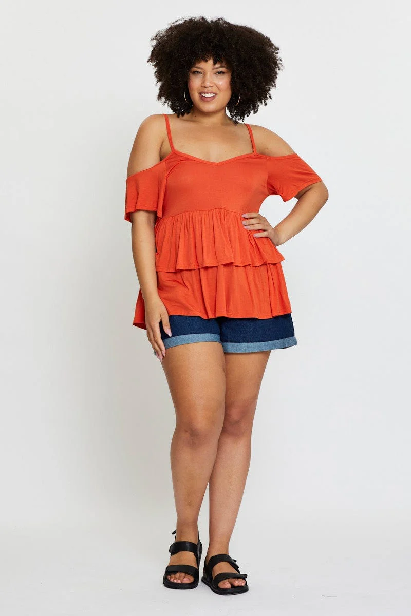 Red Cold Shoulder T-shirt Short Sleeve Cotton - Image 2