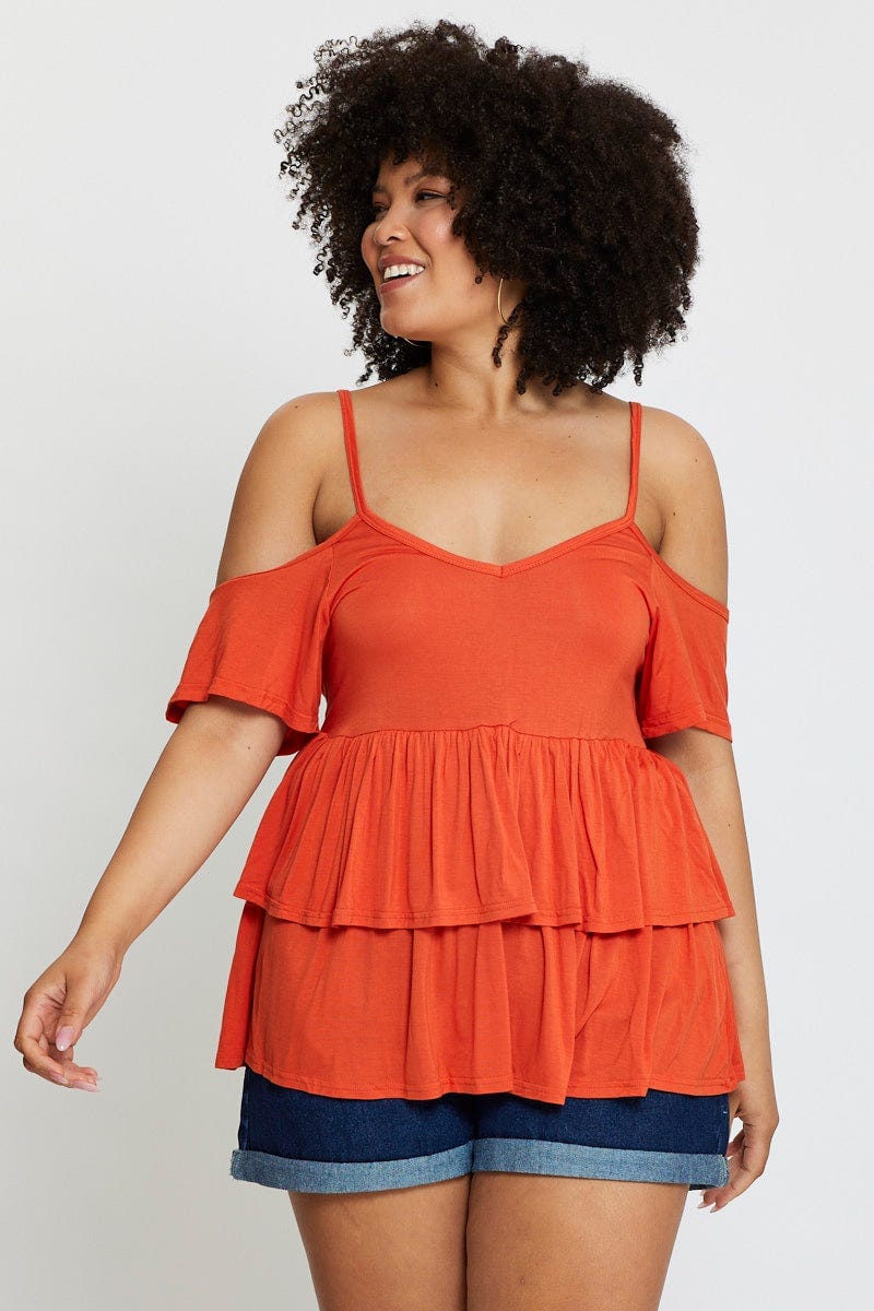 Red Cold Shoulder T-shirt Short Sleeve Cotton - Image 3