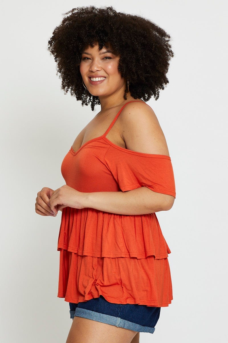 Red Cold Shoulder T-shirt Short Sleeve Cotton - Image 4