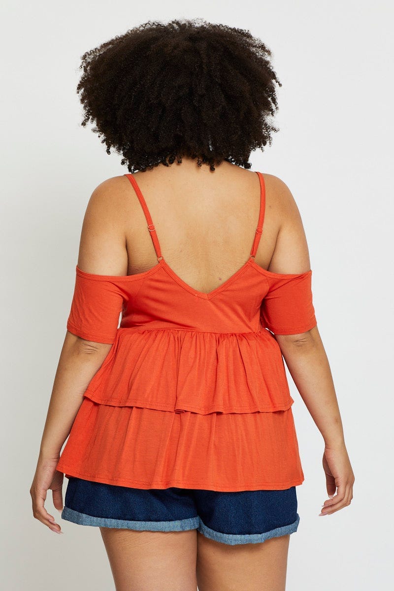Red Cold Shoulder T-shirt Short Sleeve Cotton - Image 5