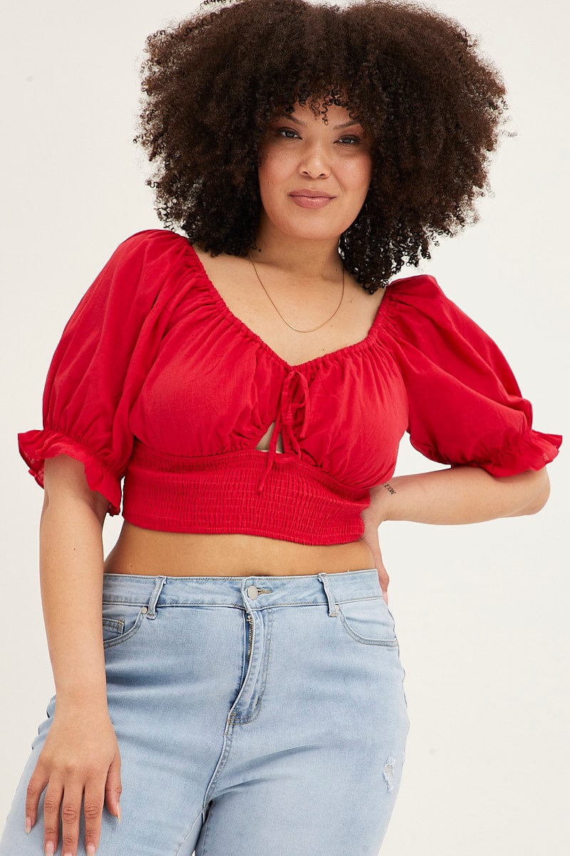 Red Crop Top Short Sleeve Cut Out Cotton