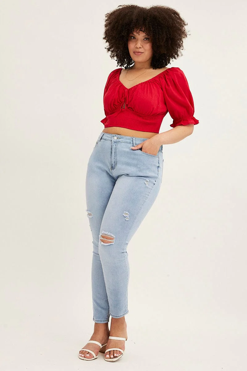 Red Crop Top Short Sleeve Cut Out Cotton - Image 2