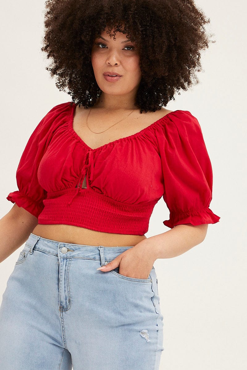 Red Crop Top Short Sleeve Cut Out Cotton - Image 3