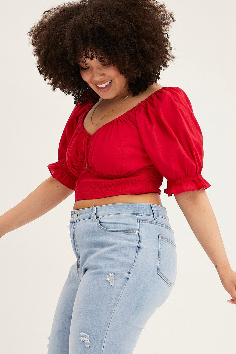 Red Crop Top Short Sleeve Cut Out Cotton - Image 4