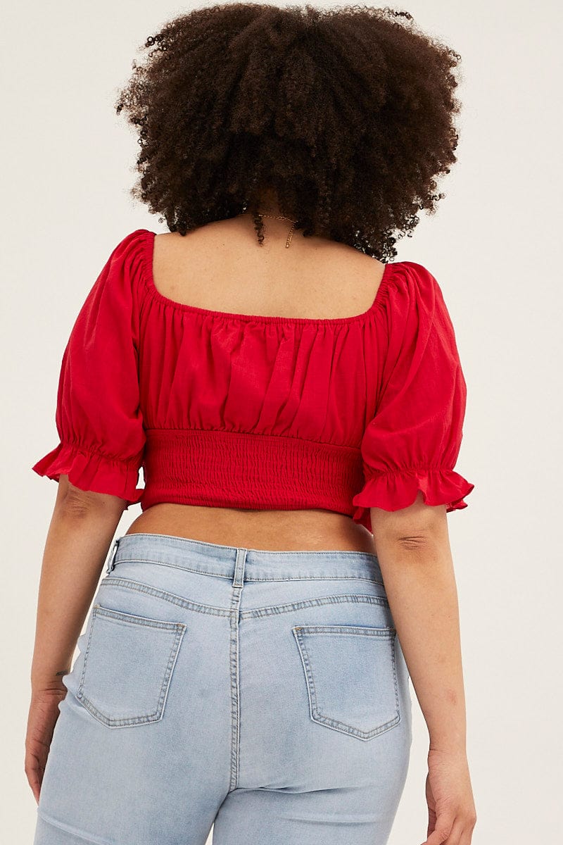 Red Crop Top Short Sleeve Cut Out Cotton - Image 5