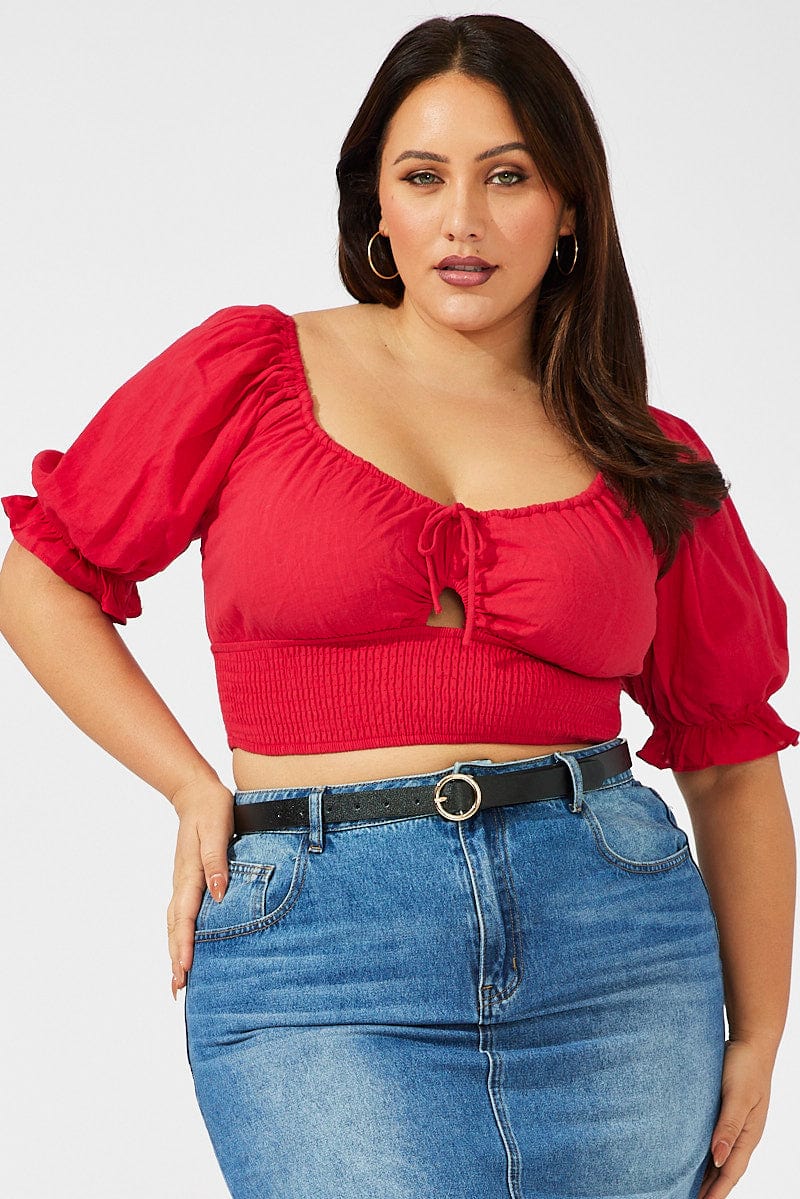 Red Crop Top Short Sleeve Cut Out Shirred - Image 3