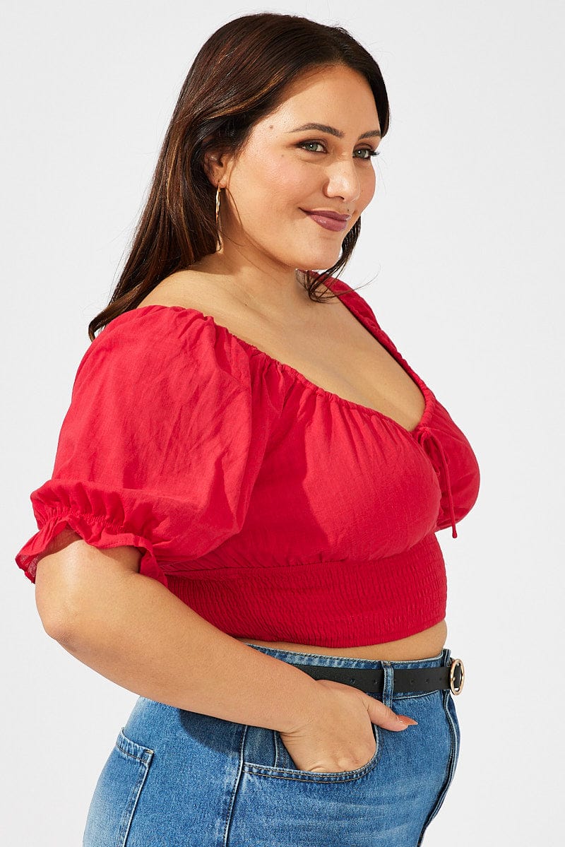 Red Crop Top Short Sleeve Cut Out Shirred - Image 4
